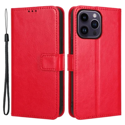 For iPhone 14 Pro 6.1 inch Shockproof PU Leather Folio Flip Phone Case Crazy Horse Texture Wear-resistant Cell Phone Cover Wallet - Red