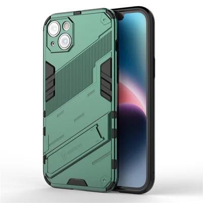 For iPhone 14 Plus 6.7 inch Hard PC Soft TPU Shockproof Phone Case Non-Slip Protective Cover with Kickstand - Green