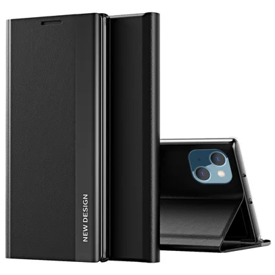 For iPhone 14 Pro 6.1 inch PU Leather Stand Case Electroplating Phone Cover - Black