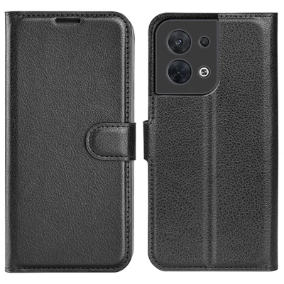 Capa de Telefone com Textura de Lichia para Oppo Reno8 5G (Versão Global) / Reno8 5G, Suporte Dobrável Anti-Arranhões Capa de Carteira de Couro de PU à Prova de Choque, Capa de Telefone Celular - Preto