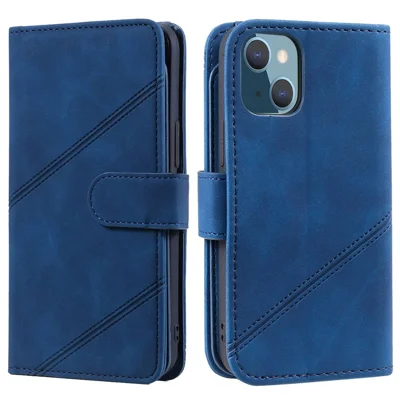 For iPhone 13 6.1 inch Shockproof Phone Case Imprinted PU Leather Stand Cover with Multiple Card Slots and Cash Pocket - Blue