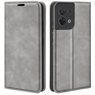 Capa Carteira de Couro PU para Oppo Reno8 5G (Versão Global) / Reno8 5G, Capa Flip Folio com Suporte e Toque Suave, Capa Protetora - Cinzenta