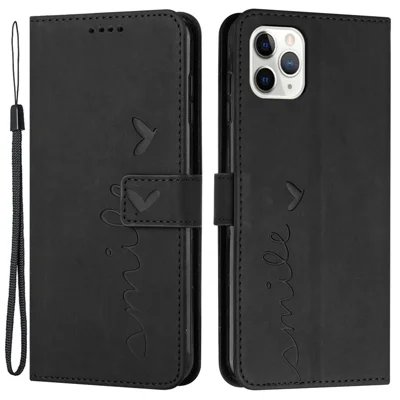 For iPhone 13 Pro 6.1 inch Heart Shape Imprinted Skin-touch Feeling Case PU Leather Wallet Viewing Stand Phone Shell with Strap - Black
