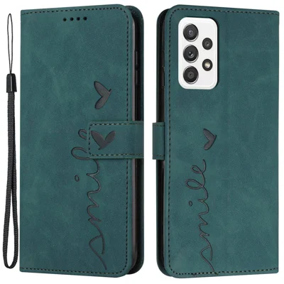 For Samsung Galaxy A73 5G Heart Shape Imprinted Anti-fall Handy Strap Design Case Skin-touch Feeling PU Leather Wallet Stand Flip Phone Shell - Green