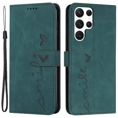 Heart Shape Imprinted Case for Samsung Galaxy S22 Ultra 5G, Anti-shock Phone Case Skin-touch Feeling PU Leather Wallet Stand Design Magnetic Cover with Strap - Green