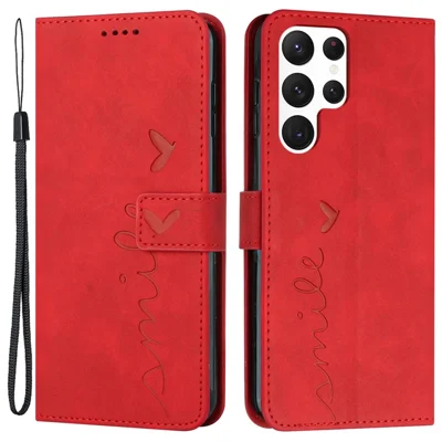 Heart Shape Imprinted Case for Samsung Galaxy S22 Ultra 5G, Anti-shock Phone Case Skin-touch Feeling PU Leather Wallet Stand Design Magnetic Cover with Strap - Red