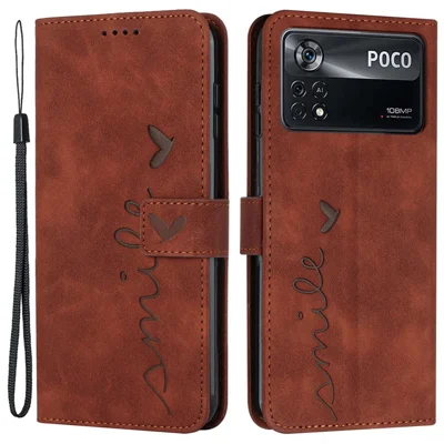 For Xiaomi Poco X4 Pro 5G Heart Shape Imprinted Anti-fingerprint Case Skin-touch Feeling PU Leather Wallet Stand Function Phone Shell with Strap - Brown