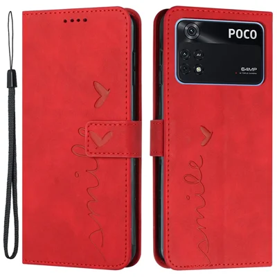 Til Xiaomi Poco M4 Pro 4G Hjerteformet Printet Anti-drop Med Håndtagsdesign Taske Skærmberøring Følelse PU Læder Wallet Magnetisk Telefonbeskytning med Stand - Rød