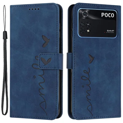 For Xiaomi Poco M4 Pro 4G Heart Shape Imprinted Anti-drop Handy Strap Design Case Skin-touch Feeling PU Leather Wallet Magnetic Phone Shell with Stand - Sapphire