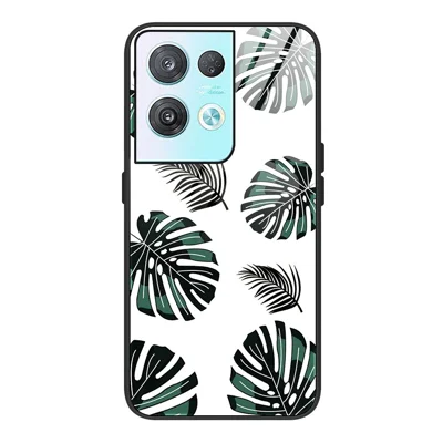 Capa para Telemóvel com Impressão de Padrão e Vidro Temperado para Oppo Reno8 Pro 5G (Versão Global) / Reno8 Pro+ (China) 5G, Capa Resistente a Quedas em PC Rígido e TPU Macio - Folhas
