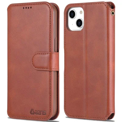 AZNS PU-Lederhülle für iPhone 14 Plus 6,7 Zoll, Stand-Wallet, kratzfest, magnetische Flip-Folio-Handyhülle - Braun