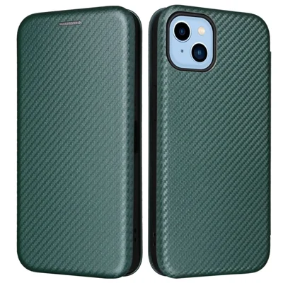 For iPhone 14 6.1 inch Carbon Fiber Texture Mobile Phone Case Magnetic Auto-absorbed PU Leather Stand Card Holder Function Phone Cover - Green