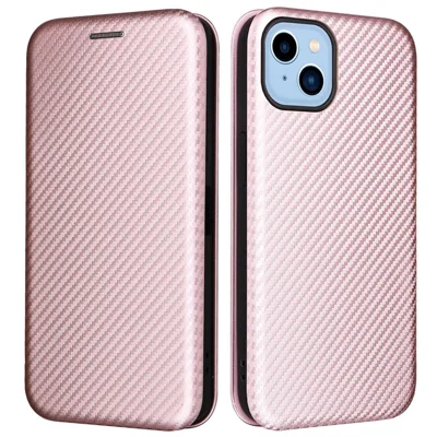 For iPhone 14 Plus 6.7 inch Magnetic Auto-absorbed Carbon Fiber Texture Case PU Leather Stand Card Holder Function Phone Shell - Rose Gold