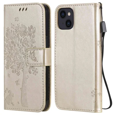 Custodia per iPhone 14 con Supporto, Modello Gatto e Albero, Custodia Portafoglio in Pelle - Oro