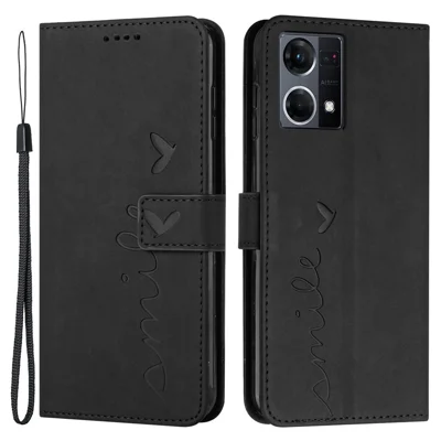 For Oppo Reno7 4G/F21 Pro 4G Skin-touch Feeling Wallet Case Imprinted Heart Shape PU Leather Magnetic Closure Stand Cover with Strap - Black