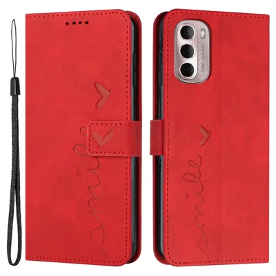 For Motorola Moto G Stylus 5G (2022) Heart Shape Imprinted Wallet Flip Cover Skin-touch Feeling PU Leather Stand Magnetic Protective Case with Strap - Red