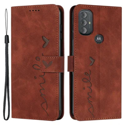For Motorola Moto G Power (2022) Anti-drop Heart Shape Imprinted Phone Case PU Leather Skin-touch Feeling Wallet Style Shell with Stand - Brown