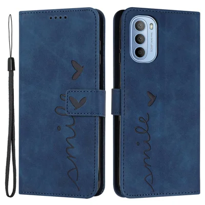 For Motorola Moto G51 5G Full Body Protection Hjertemønster Printet Telefonbeskyttelse PU Læder Hudfølelse Wallet Ståfunktion Skal med Snor - Safir