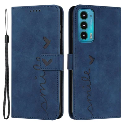 Futerał do Motorola Edge 20 z efektem dotyku skóry, pokrowiec portfel z nadrukiem serca ze sztucznej skóry PU z funkcją podpórki - szafir