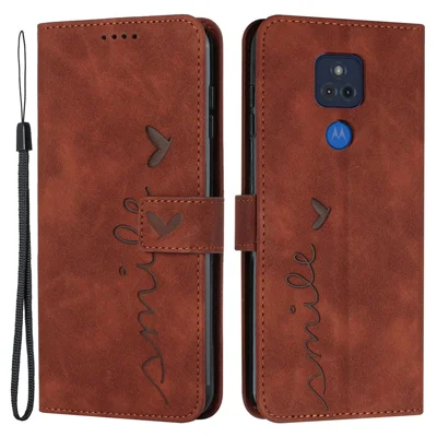 For Motorola Moto G Play (2021) Imprinting Heart Shape Shockproof Phone Case Skin-touch PU Leather TPU Cover with Stand Wallet - Brown