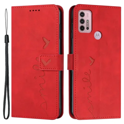 For Motorola Moto G30/G10/G10 Power Heart Shape Imprinted Skin-touch Phone Cover Stand Wallet PU Leather + TPU Case - Red