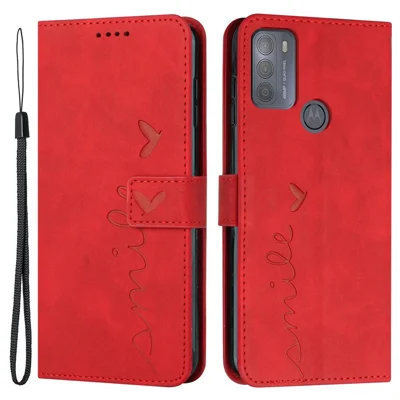 Heart Shape Imprinted Leather Case for Motorola Moto G50 4G, Skin-touch Stand Wallet Drop-proof Phone Cover - Red