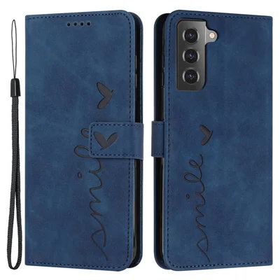 For Samsung Galaxy S21 FE 5G Heart Shape Imprinted Anti-scratch Phone Stand Case Skin-touch PU Leather Wallet Cover - Sapphire