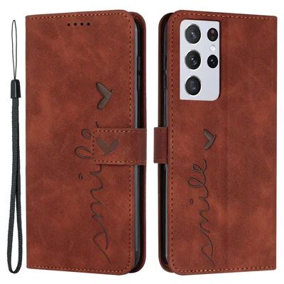 PU Leather Stand Wallet Case for Samsung Galaxy S21 Ultra 5G, Skin-touch Imprinted Heart Shape Full Protection Phone Shell - Brown