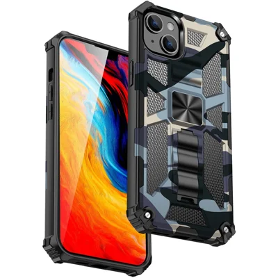 For iPhone 14 Plus 6.7 inch Anti-drop Camouflage Design Hard PC TPU Phone Cover Anti-Slip Military Grade Kickstand Case - Camouflage Blue