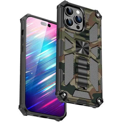 For iPhone 14 Pro 6.1 inch Anti-drop Military Grade Camouflage Kickstand Phone Case PC + TPU Scratch Resistant Cellphone Cover - Army Green