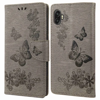 For Samsung Galaxy Xcover Pro 2 5G Butterflies Flower Pattern Imprinting Phone Leather Case Wallet Stand Flip Cover - Grey
