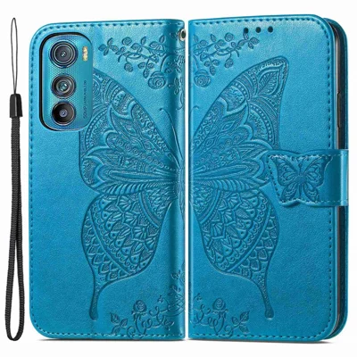 For Motorola Edge 30 5G Imprinted Butterfly Pattern Phone Cover PU Leather Magnetic Clasp Stand Function Wallet Case with Strap - Blue