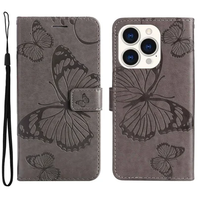 KT Leather Series-2 for iPhone 14 Pro 6.1 inch Shockproof Butterfly Imprinted PU Leather Case Phone Wallet Stand Cover - Grey