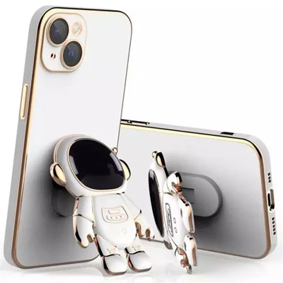 For iPhone 13 6.1 inch Electroplating Frame TPU Anti-drop Phone Case Astronaut Kickstand Protective Cover - White