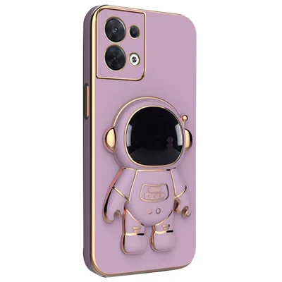 Astronaut Kickstand TPU Cover for Oppo Reno8 5G / Reno8 5G (Global Version), Electroplating Edge Shockproof Phone Case Protector - Purple