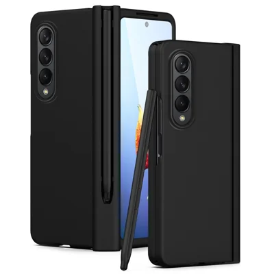 For Samsung Galaxy Z Fold4 5G Hard PC Hinge Design Phone Case Drop-proof Cover with Tempered Glass Screen Protector + Stylus Pen - Black
