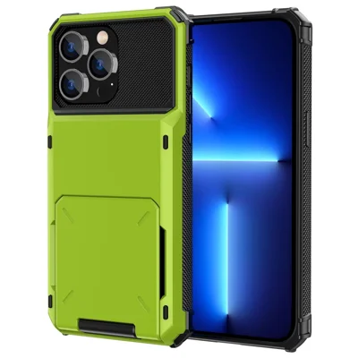 For iPhone 14 Pro Max 6.7 inch Anti-scratch TPU + PC Hybrid Phone Case Flip Card Holder Drop Resistant Phone Cover Protector - Green