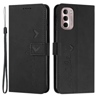 For Motorola Moto G Stylus 4G (2022) Shockproof PU Leather Flip Cover Skin-touch Feeling Heart Shape Imprinted Hands-free Stand Phone Wallet Case with Strap - Black