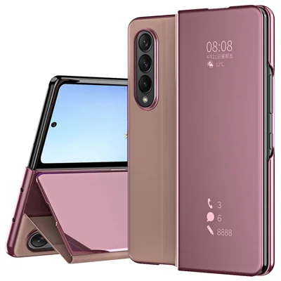 For Samsung Galaxy Z Fold4 5G PC Mirror Surface View Window Case Stand Auto-absorbed Magnetic Anti-fall Phone Cover - Pink