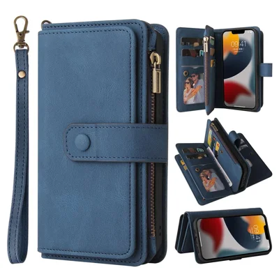 For iPhone 14 Plus Zipper Wallet Case with 15 Card Slots and Strap Leather Phone Cover - Blue