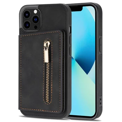 For iPhone 14 Pro 6.1 inch Shockproof Zipper Pocket Phone Wallet Case PU Leather Coated TPU Mobile Phone Cover Card Holder Kickstand - Black