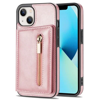 For iPhone 14 Plus 6.7 inch Well Protection Zipper Pocket Phone Wallet Case PU Leather Coated TPU Mobile Phone Cover Card Holder Kickstand - Rose Gold