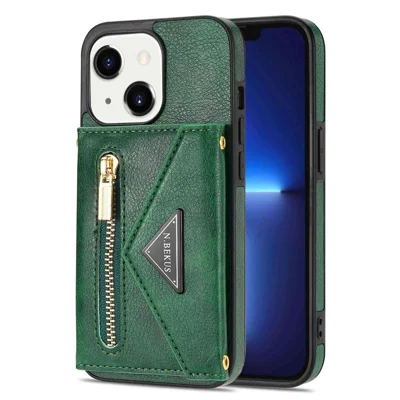 N.BEKUS Anti-scratch Phone Case for iPhone 14 Plus 6.7 inch, PU Leather Coated TPU Back Cover Card Holder Kickstand with Strap - Green