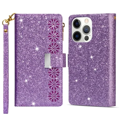 Für Das Iphone 14 Pro Max 6,7 -zoll -flip -cover, Herbst -proof Laserschnitzer Glitzer - Violett