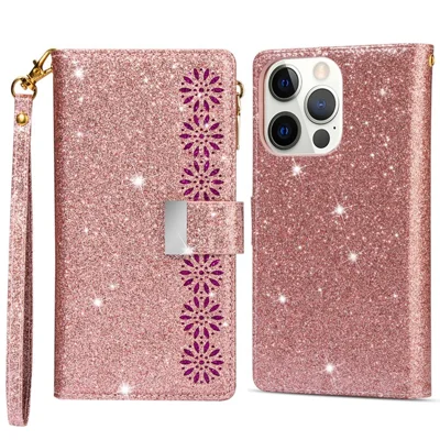 For iPhone 14 Plus 6.7 inch Flip Cover, Laser Carving Glittery Starry Style Zipper Wallet Stand Leather Phone Case with Strap - Rose Gold
