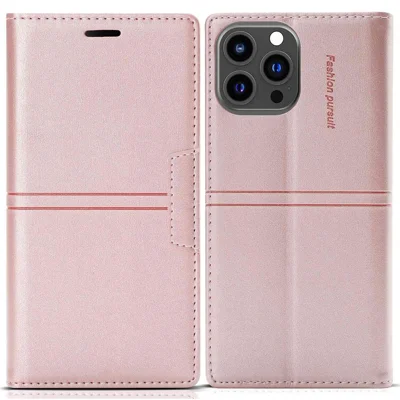 For iPhone 14 Pro Max 6.7 inch Anti-fall PU Leather Wallet Case Magnetic Auto-absorbed Phone Cover with Stand - Rose Gold
