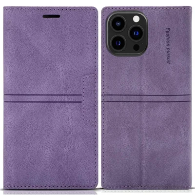 Für Iphone 14 Pro 6.1 Zoll PU Leder Brieftasche Hülle Magnetische Automatisch Absorbierte Mobilfunkschale Mit Full Protection Mit Ständer - Violett