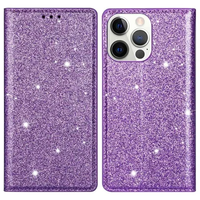 For iPhone 14 Pro Max 6.7 inch Glitter Sequins Full Protection Stand Card Holder PU Leather Protective Phone Case Cover - Purple