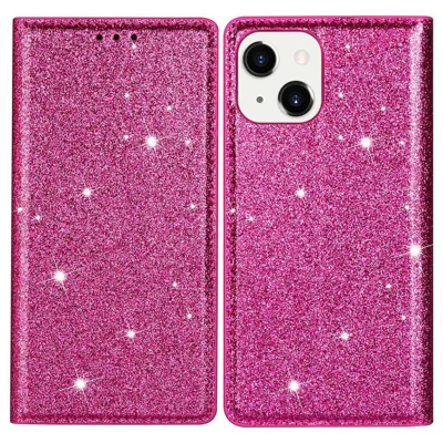 For iPhone 14 Plus 6.7 inch Glitter Sequins Stand Card Holder PU Leather Fall Proof Protective Phone Case Cover - Rose