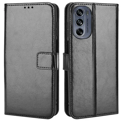 For Motorola Moto G62 5G Stand Wallet Scratch-resistant Phone Case Crazy Horse Texture PU Leather Protective Shell - Black